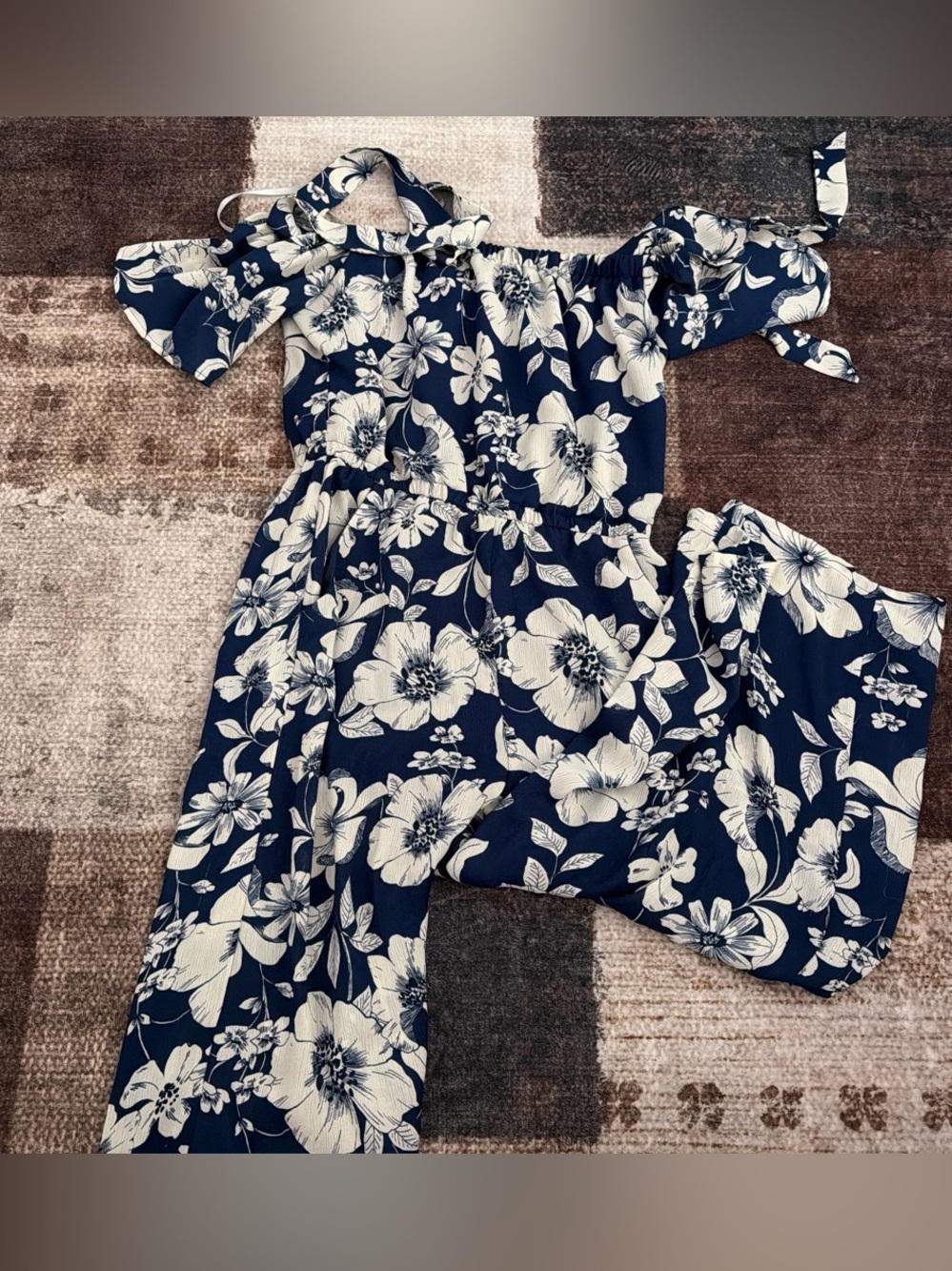 Women Navy Blue Floral Off-Shoulder One-Piece Jumpsuit